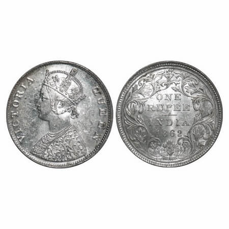 Victoria Queen, Silver, Rupee, 1862, Madras Mint, B/II/0/0, With enclosed frame effect and