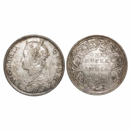 Victoria Queen, Silver, Rupee, 1862, Madras Mint, B/II/0/0, Embriodery re touched at some 