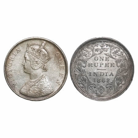 Victoria Queen, Silver, Rupee, 1862, Bombay Mint, B/II(ii), Pineapple like buds at Four di