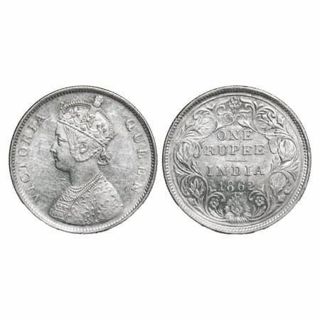 Victoria Queen, Silver, Rupee, 1862, Bombay Mint, B/II(viii), Flower above 'E' of One is t