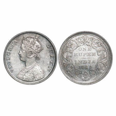 Victoria Queen, Silver, Rupee, 1862, Bombay Mint, B/II/1/0, Small dot. F. Prid 69. GK 286.