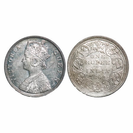 Victoria Queen, Silver, Rupee, 1862, Bombay Mint, B/II/2/0, Ghost on Rev. F. Prid 71. GK 2