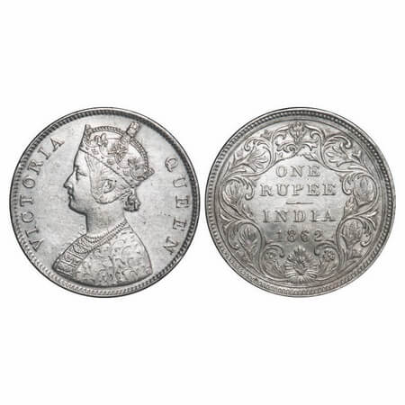 Victoria Queen, Silver, Rupee, 1862, Bombay Mint, B/II/2/0, Ghost on Obv & Rev, Both dots 
