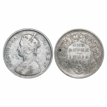 Victoria Queen, Silver, Rupee, 1862, Bombay Mint, B/II/0/3, 3 dots placed are in straight 