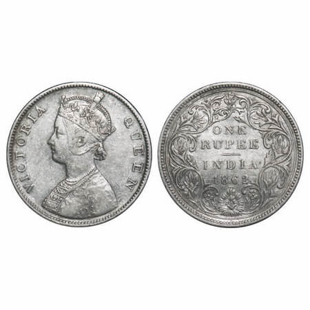 Victoria Queen, Silver, Rupee, 1862, Bombay Mint, B/II/0/3, Three dots places are in strai