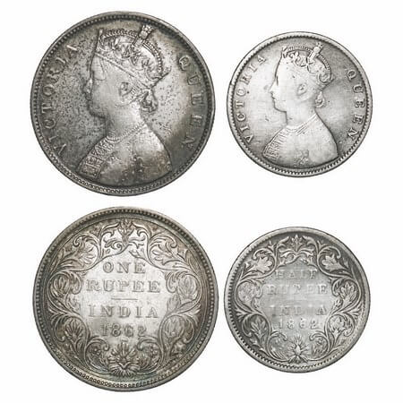 Victoria Queen, Silver, 1862 (2 coins), 1) Rupee, Bombay Mint, B/II/0/3, 2) Half Rupee, Ca
