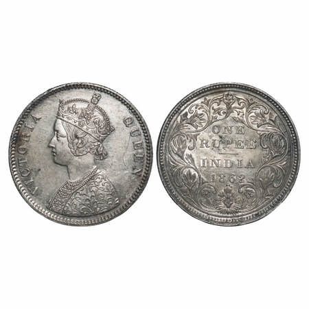 Victoria Queen, Silver, Rupee, 1862, Bombay Mint, A/II/0/4, w/o initial 'J'. F. Prid 79. G