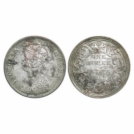 Victoria Queen, Silver, Rupee, 1862, Bombay Mint, A/II/0/4, w/o initial 'J'. F. Prid 79. G