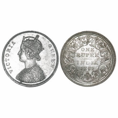 Victoria Queen, Silver, Rupee, 1862, Bombay Mint, A/II/0/4, w/o initial 'J'. F. Prid 79. G
