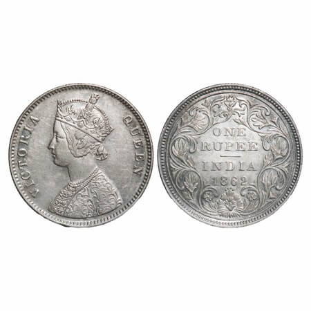 Victoria Queen, Silver, Rupee, 1862, Bombay Mint, A/II/0/4, w/o initial 'J', Large dots. F