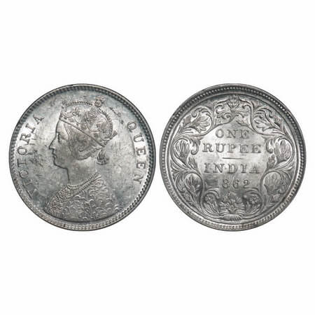 Victoria Queen, Silver, Rupee, 1862, Bombay Mint, A/II/0/4, w/o initial 'J'. F. Prid. GK 3