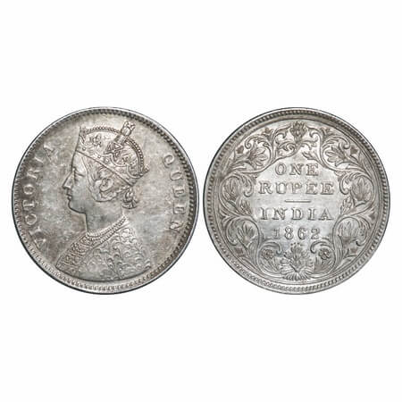 Victoria Queen, Silver, Rupee, 1862, Bombay Mint, A/II/0/4, w/o initial 'J'. F. Prid 79. G