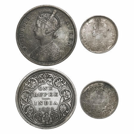 Victoria Queen, Silver, 1862 (2 coins), 1) Rupee, Bombay Mint, A/II/0/4, w/o initial 'J', 
