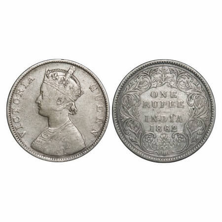 Victoria Queen, Silver, Rupee, 1862, Bombay Mint, B/I/0/4, Elongated dots. F. Prid 80. GK 