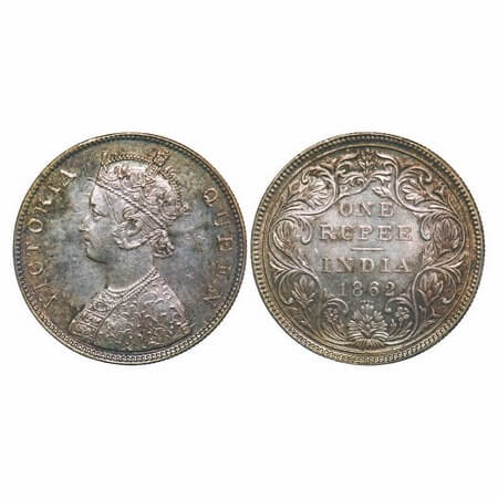Victoria Queen, Silver, Rupee, 1862, Bombay Mint, B/II/0/4, 4 dots placed are in straight 