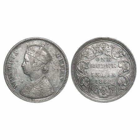 Victoria Queen, Silver, Rupee, 1862, Bombay Mint, A/II/0/5, Five dots placed are almost in