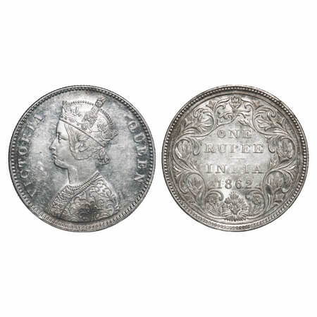 Victoria Queen, Silver, Rupee, 1862, Bombay Mint, A/II/0/6, Complete 'D' in India, w/o ini