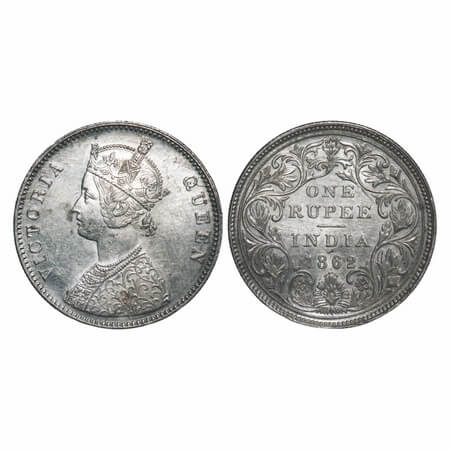 Victoria Queen, Silver, Rupee, 1862, Bombay Mint, A/II/0/6, w/o bottom stroke of numeral 1