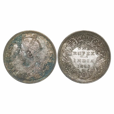Victoria Queen, Silver, Rupee, 1862, Bombay Mint, A/II/0/7, w/o initial 'J'. F. Prid 87. G