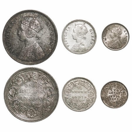 Victoria Queen, Silver, 1862 (3 coins), 1) Rupee, Bombay Mint, A/II/0/7, w/o initial 'J', 