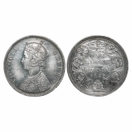 Victoria Queen, Silver, Rupee, 1862, Bombay Mint, A/II/0/10, w/o initial 'J'. F. Prid 93. 