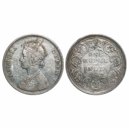 Victoria Queen, Silver, Rupee, 1862, Bombay Mint, A/II/0/10, w/o initial 'J'. F. Prid 93. 