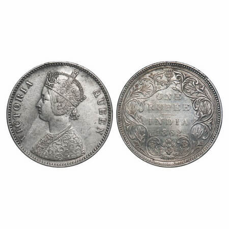 Victoria Queen, Silver, Rupee, 1862, Bombay Mint, A/II/0/10, w/o initial 'J', The upper cu