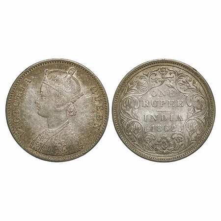 Victoria Queen, Silver, Rupee, 1862, Bombay Mint, A/II/0/11, w/o initial 'J'. F. Prid 94. 