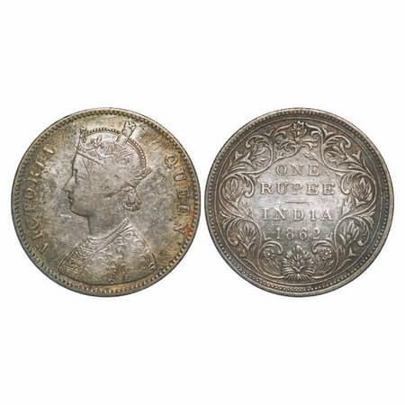 Victoria Queen, Silver, Rupee, 1862, Bombay Mint, A/II/1/10, w/o initial 'J'. F. Prid 95. 