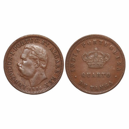 Indo Portuguese, Copper 1/4 Tanga / Quarto, 6.49g, D. Luis (1861-1889 AD), 1886 AD, margin