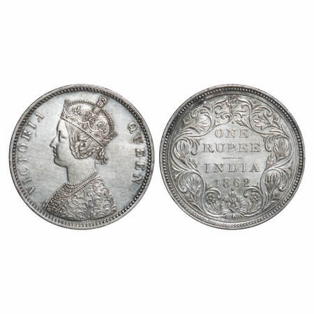 Victoria Queen, Silver, Rupee, 1862, Bombay Mint, A/II/1/1, With initial 'J'. F. Prid 99. 