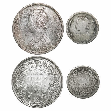 Victoria Queen, Silver, 1874 (2 coins), Bombay Mint, 1) Rupee, A2/II, No dot, Normal numer