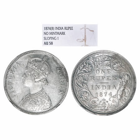 Victoria Queen, Silver, Rupee, 1874, Bombay Mint, A2/II, No dot, Normal numeral 4. F. Prid