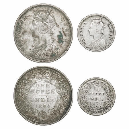 Victoria Queen, Silver, 1874 (2 coins), Bombay Mint, 1) Rupee, A2/II, No dot, Broken numer