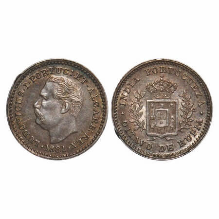 Indo Pourtuguese, Silver 1/8 Rupee, 1.47g, D Luis (1861-1889 AD), 1881 AD, Goa issue, A.Go
