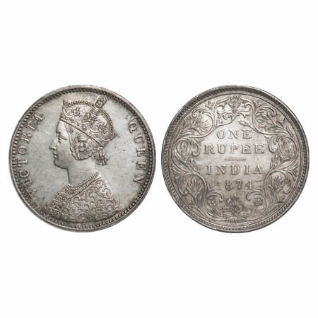 Victoria Queen, Silver, Rupee, 1874, Bombay Mint, A2/II, No dot, Re engraved numeral 4, Ve