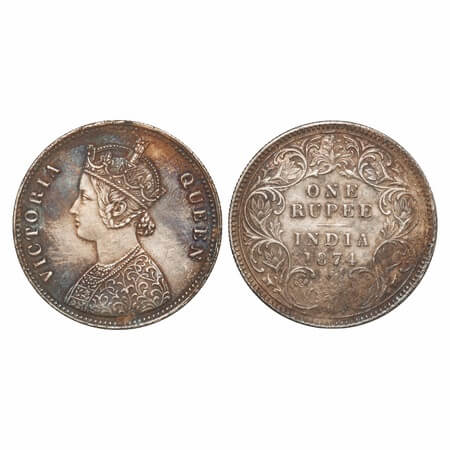 Victoria Queen, Silver, Rupee, 1874, Calcutta Mint, A1/I, No mint mark, Flat 1. F. Prid 11