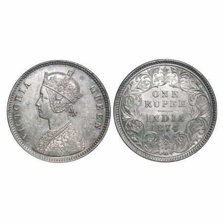 Victoria Queen, Silver, Rupee, 1874, Calcutta Mint, A1/I, No mint mark. F. Prid 112. GK 41