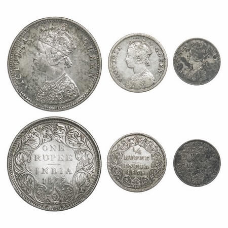 Victoria Queen, Silver, 1875 (3 coins), 1) Rupee, Bombay Mint, C1/II, Dot, 2) 1/4 Rupee, C