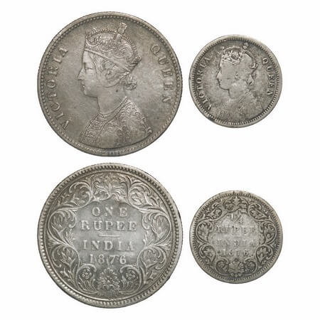 Victoria Queen, Silver, 1876 (2 coins), 1) Rupee, Calcutta Mint, A1/I, No mint mark, 2) 1/