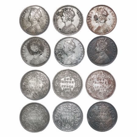 Victoria Empress, Silver, Rupee, 1877, (lot of 6 coins), 1, 2 & 3) Bombay Mint, A3/II, No 