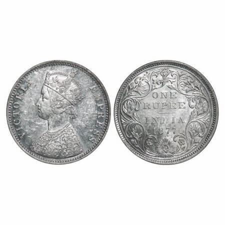 Victoria Empress, Silver, Rupee, 1877, Bombay Mint, A3/II, Dot. F. Prid Unlisted. GK 437. 