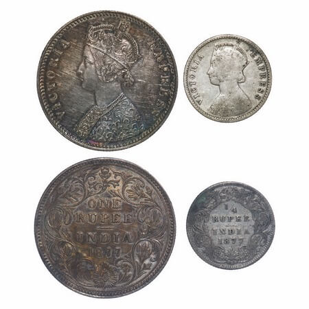 Victoria Empress, Silver, 1877 (2 coins), 1) Rupee, Bombay Mint, A3/II(i), No dot, 2) 1/4 