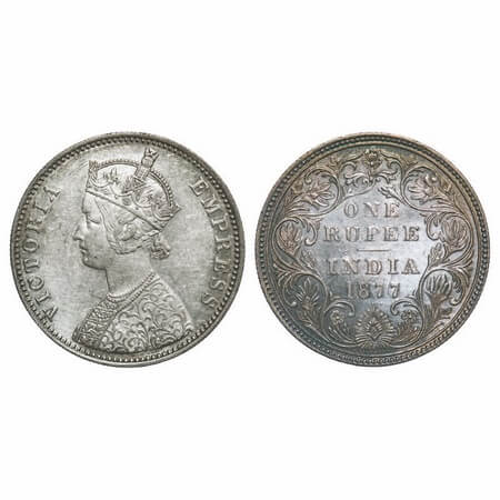 Victoria Empress, Silver, Rupee, 1877, Bombay Mint, A3/II(i), Dot, Thin numeral 77, Ghost 