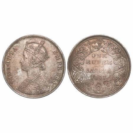 Victoria Empress, Silver, Rupee, 1877, Bombay Mint, A3/II(i), Dot, Thin numeral 77. F. Pri