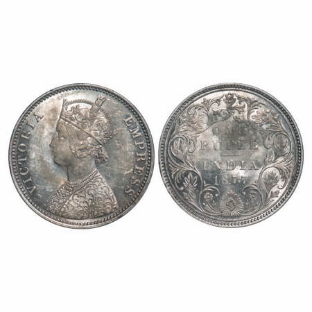 Victoria Empress, Silver, Rupee, 1877, Bombay Mint, A3/II(i), Dot, Thin numeral 77. F. Pri