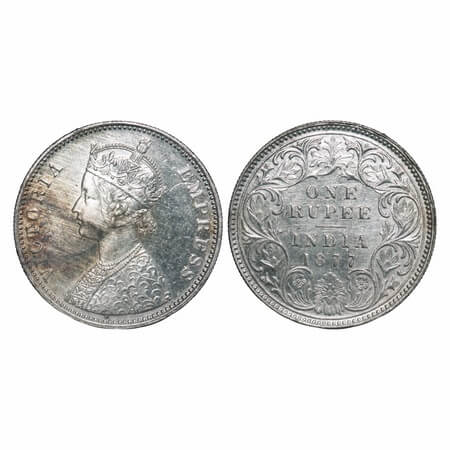 Victoria Empress, Silver, Rupee, 1877, Bombay Mint, A3/I, Dot. F. Prid 150. GK 444. Almost
