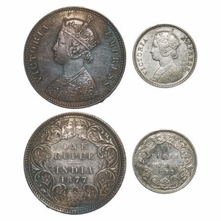 Victoria Empress, Silver, 1877 (2 coins), Calcutta Mint, 1) Rupee, A1/I, No mint mark, Thi