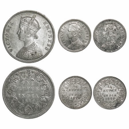 Victoria Empress, Silver, 1878 (3 coins), 1) Rupee, Bombay Mint, A3/II(i), Dot, 2 & 3) 1/4