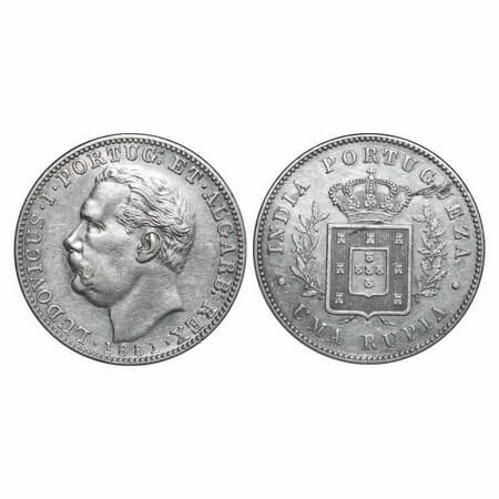 Indo Portuguese, Silver Rupia, 11.60g, D Luis (1861-1889 AD), 1881 AD, Goa issue, Bust on 